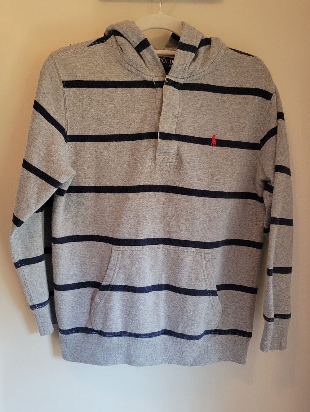 Polo Ralph Lauren Gray and Navy Bue Striped Ruggby Hoodie Kids size 10-12